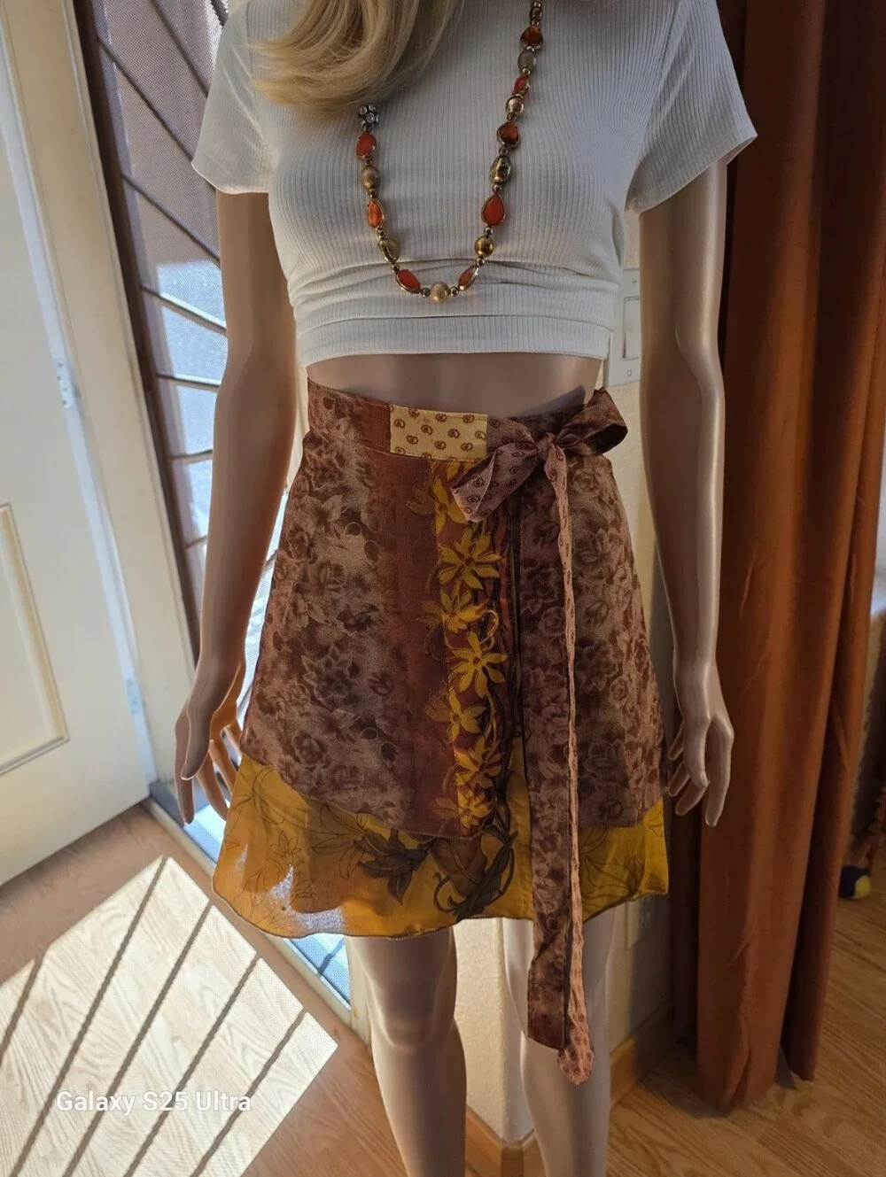 Earthbound Trading Co. Gold Burgundy  Wrap Skirt Mini Polyester Boho